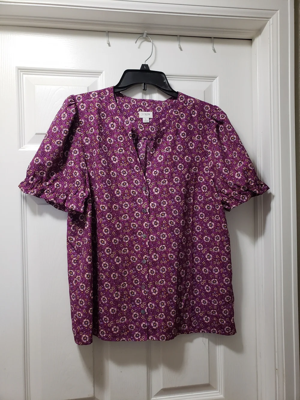 J. Crew Plum Floral Button-Front Puff Sleeve Blouse